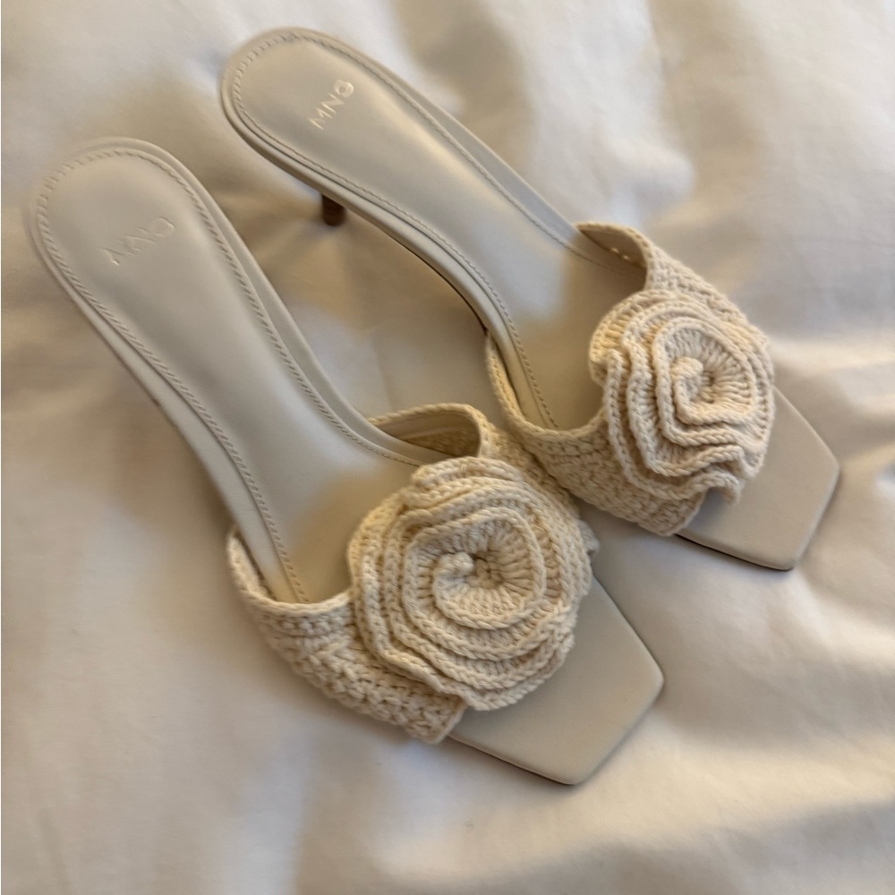 Mango White Crochet Flower Heels Never Worn